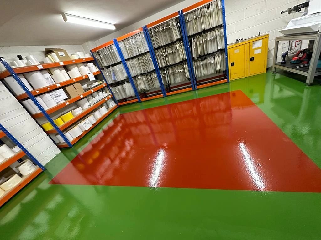 Red and green coated production floor