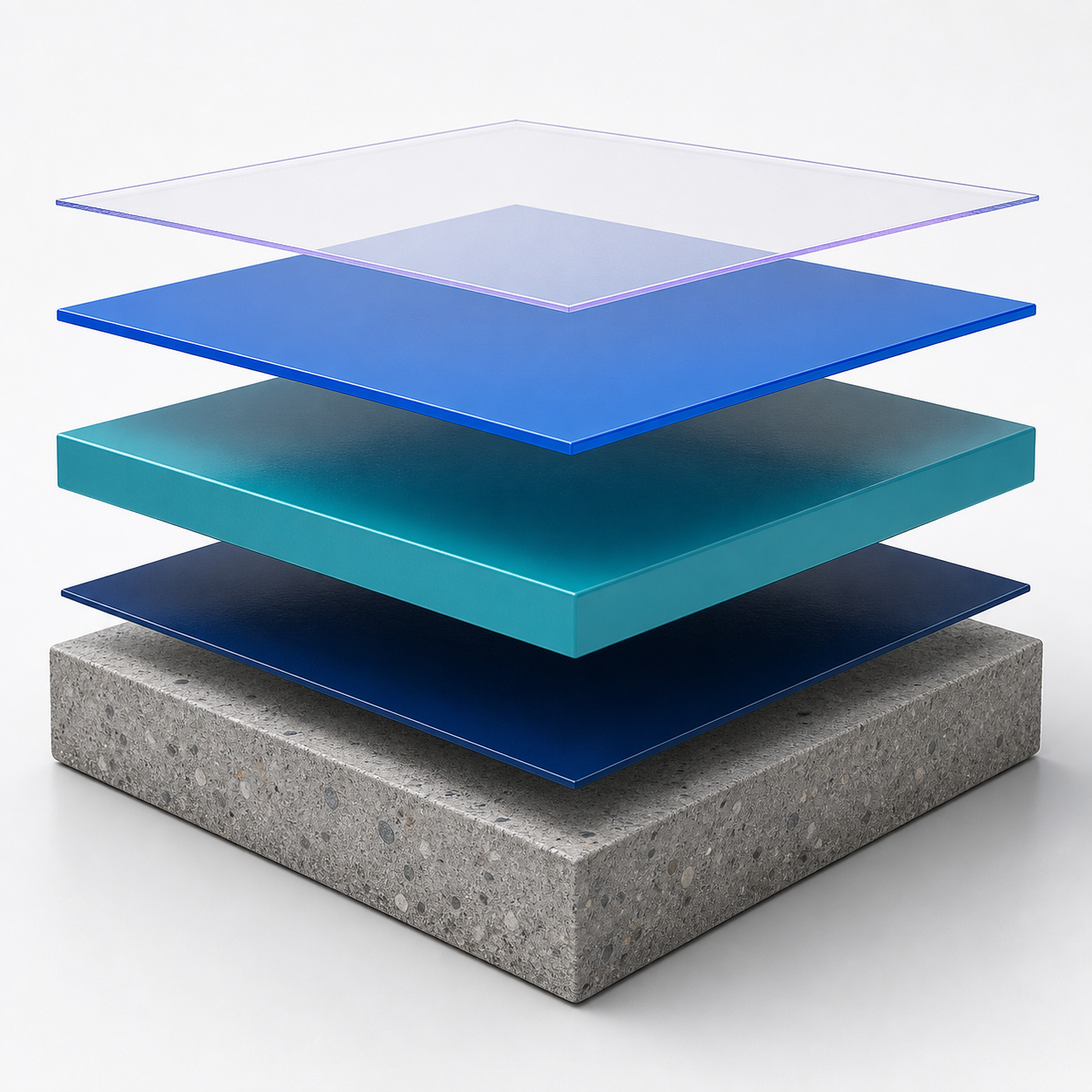 Exploded four-layer protective resin floor system over a concrete substrate