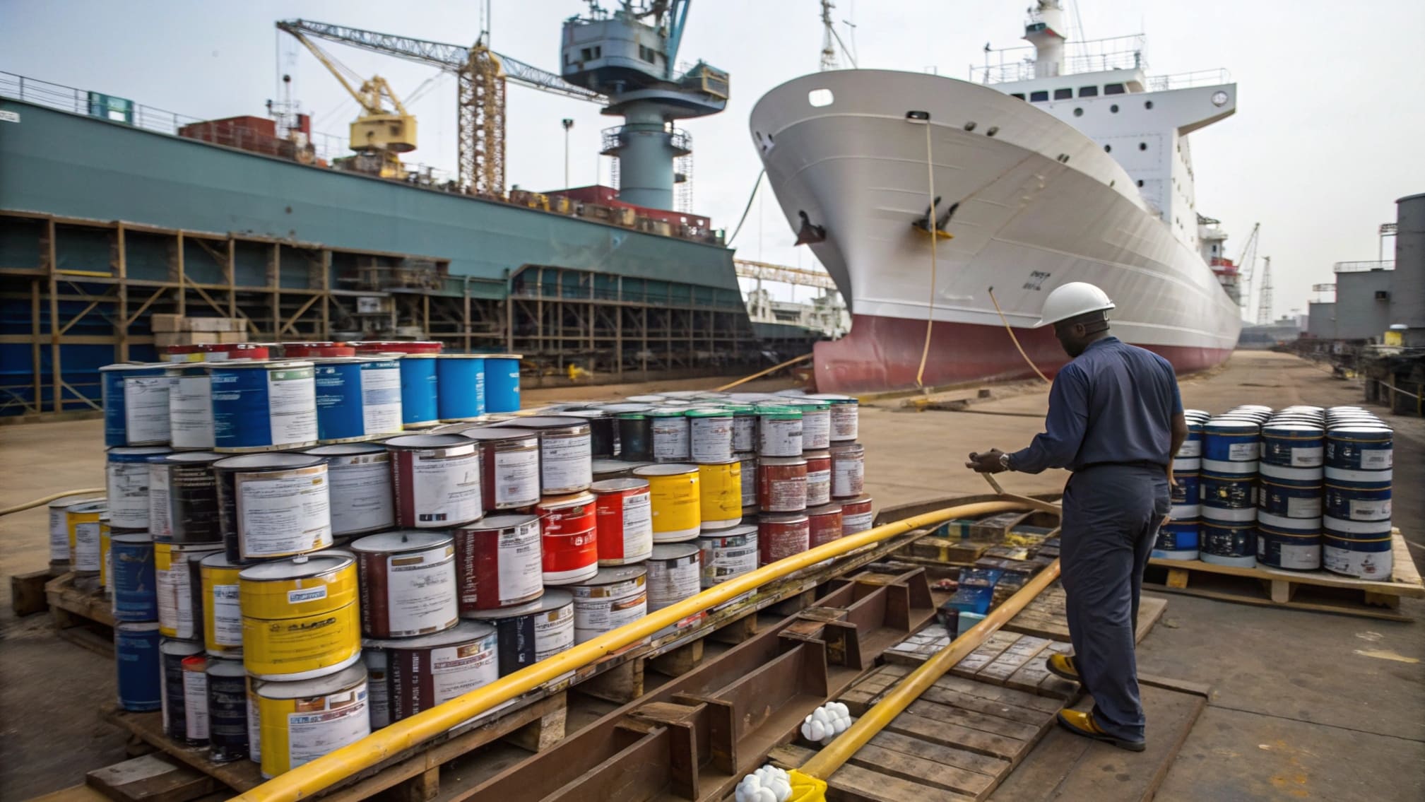 Various types of marine paint cans lined up