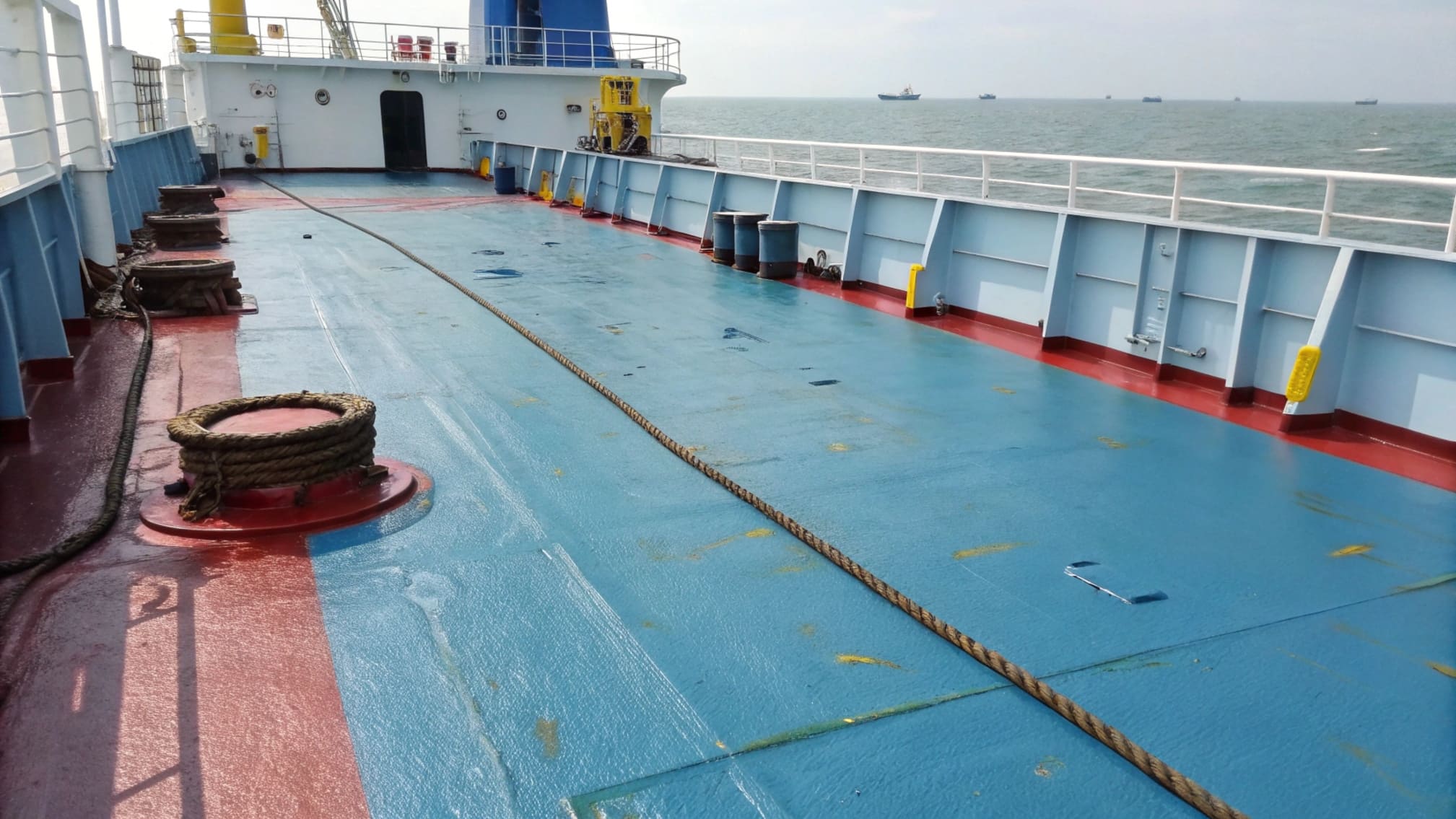 Chlorinated rubber paint being applied to a ship's hull