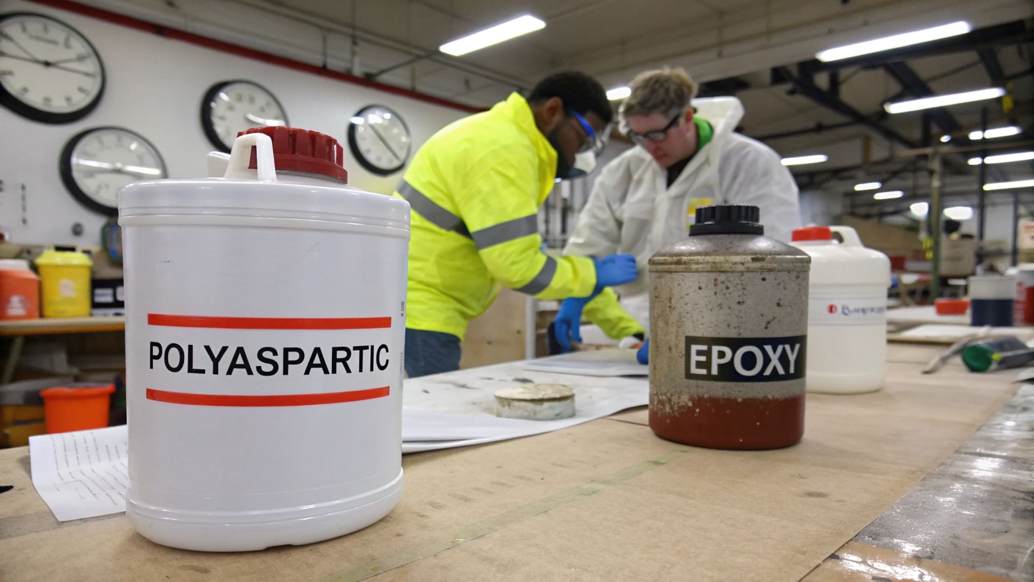 Applicator applying polyaspartic coating quickly vs applicator applying epoxy
