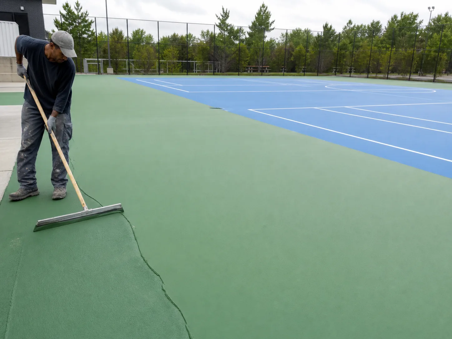 Installer applying a green court surface beside a completed blue playing zone