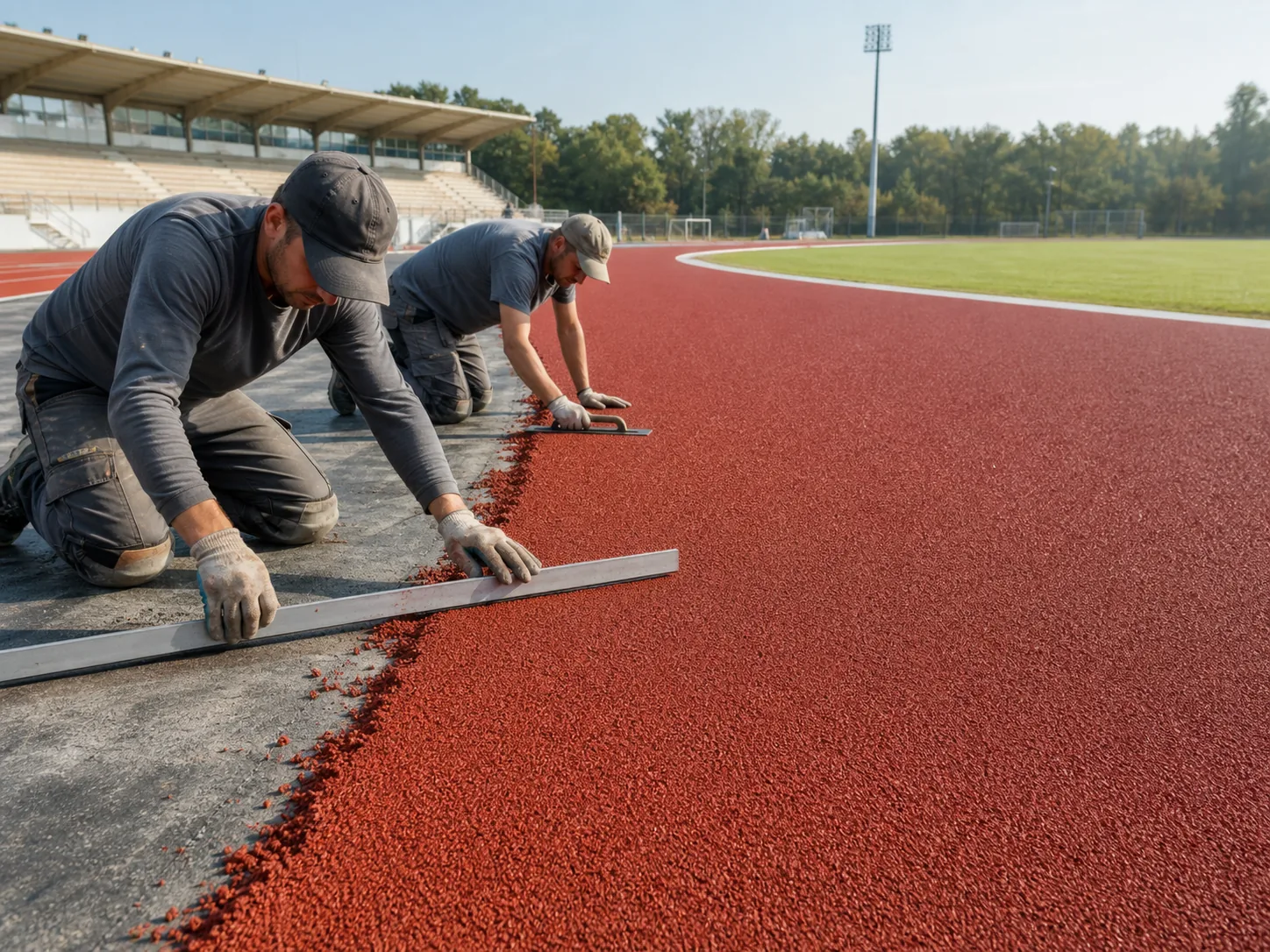 Installers leveling a red EPDM rubber running track surface