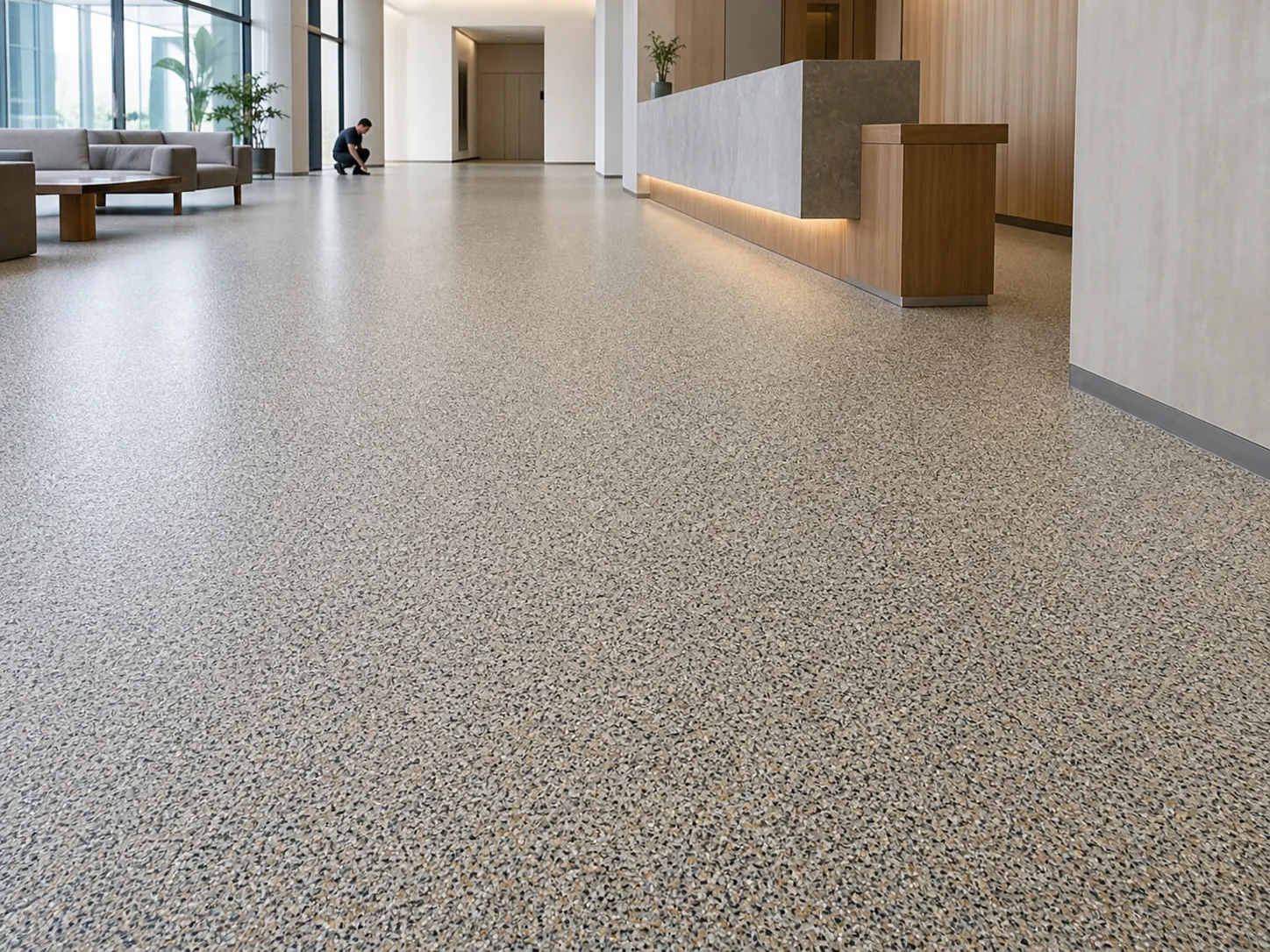 Decorative colored quartz epoxy floor in a modern public interior