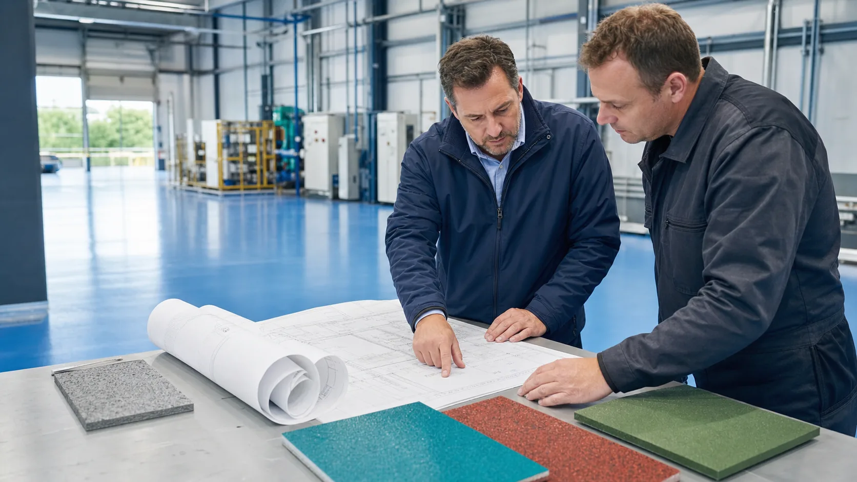 Two coating specialists reviewing project drawings and surface samples in an industrial facility
