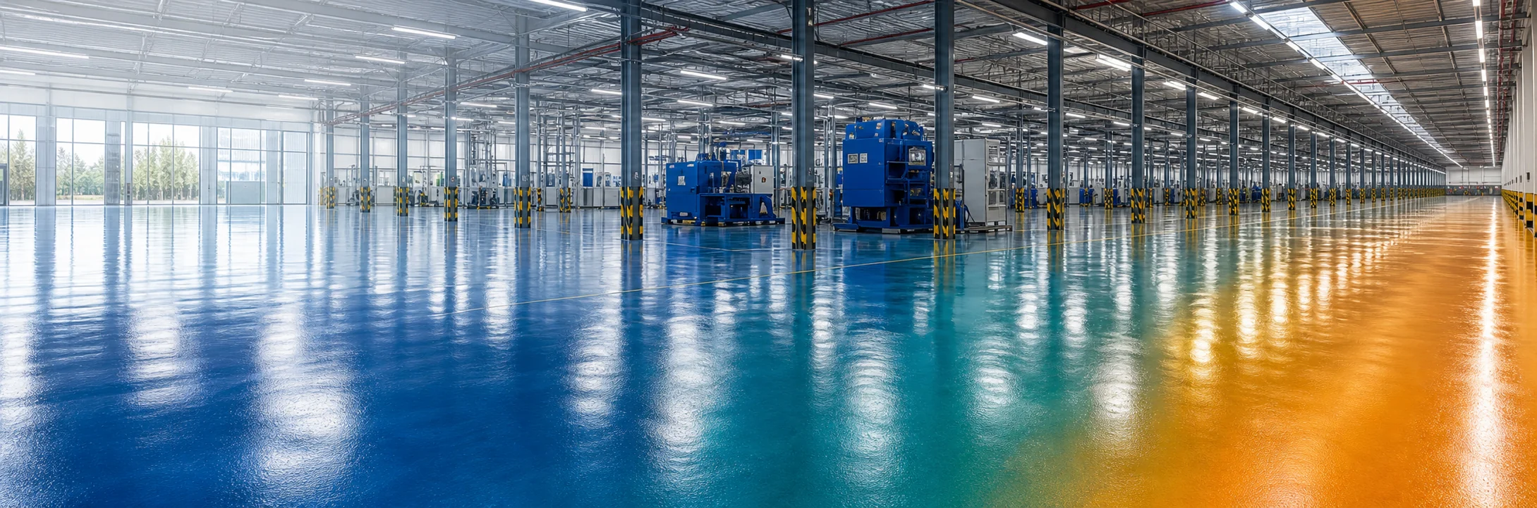 Seamless blue protective floor in an industrial interior