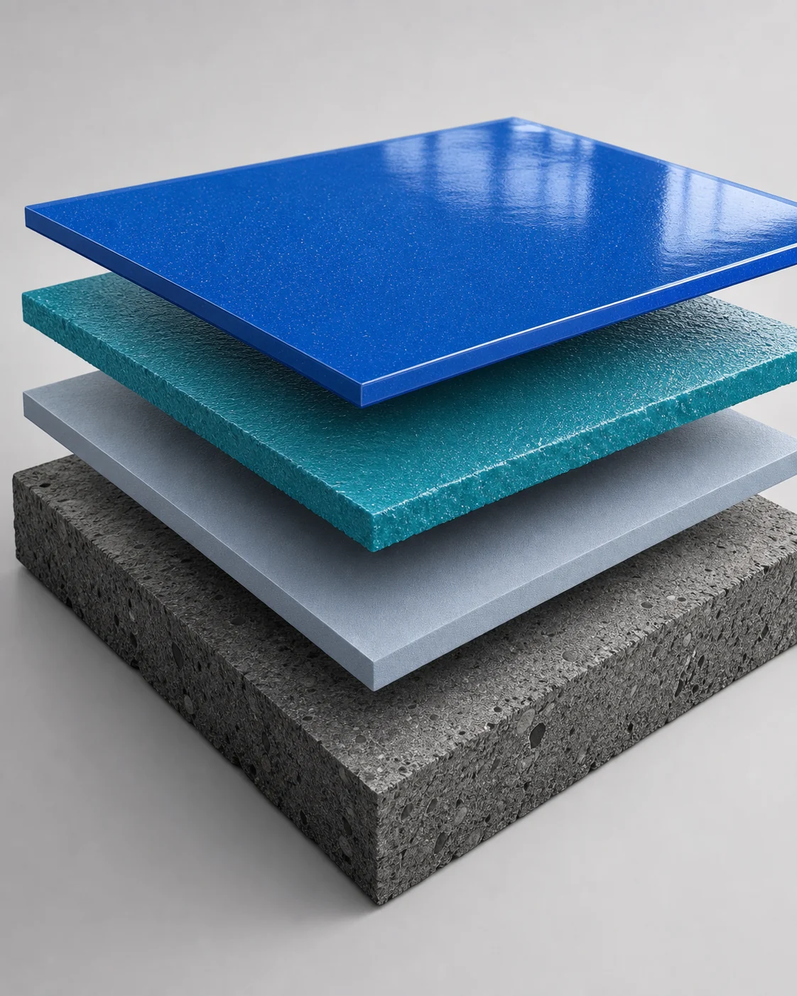 Exploded four-layer polyurea floor system over concrete