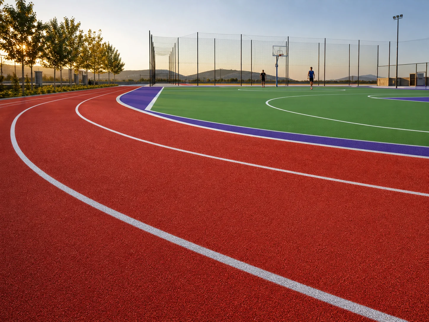 Red running track beside green and blue multi-sport courts