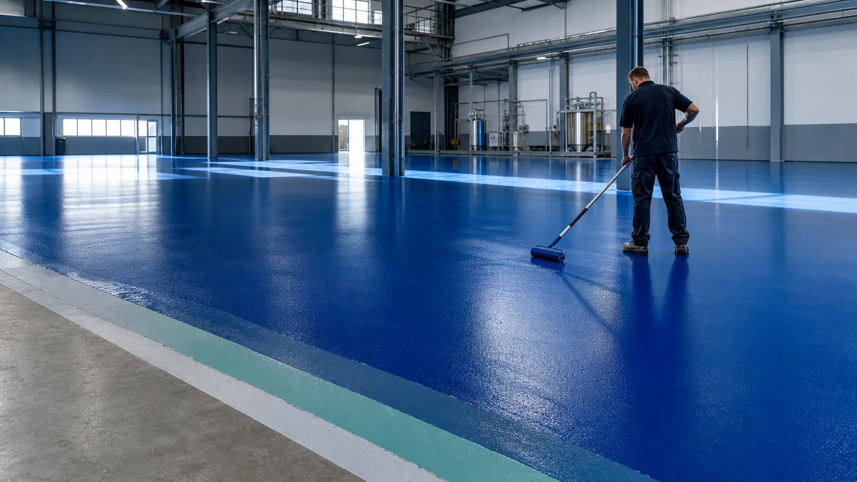 Blue resin floor application inside an industrial facility
