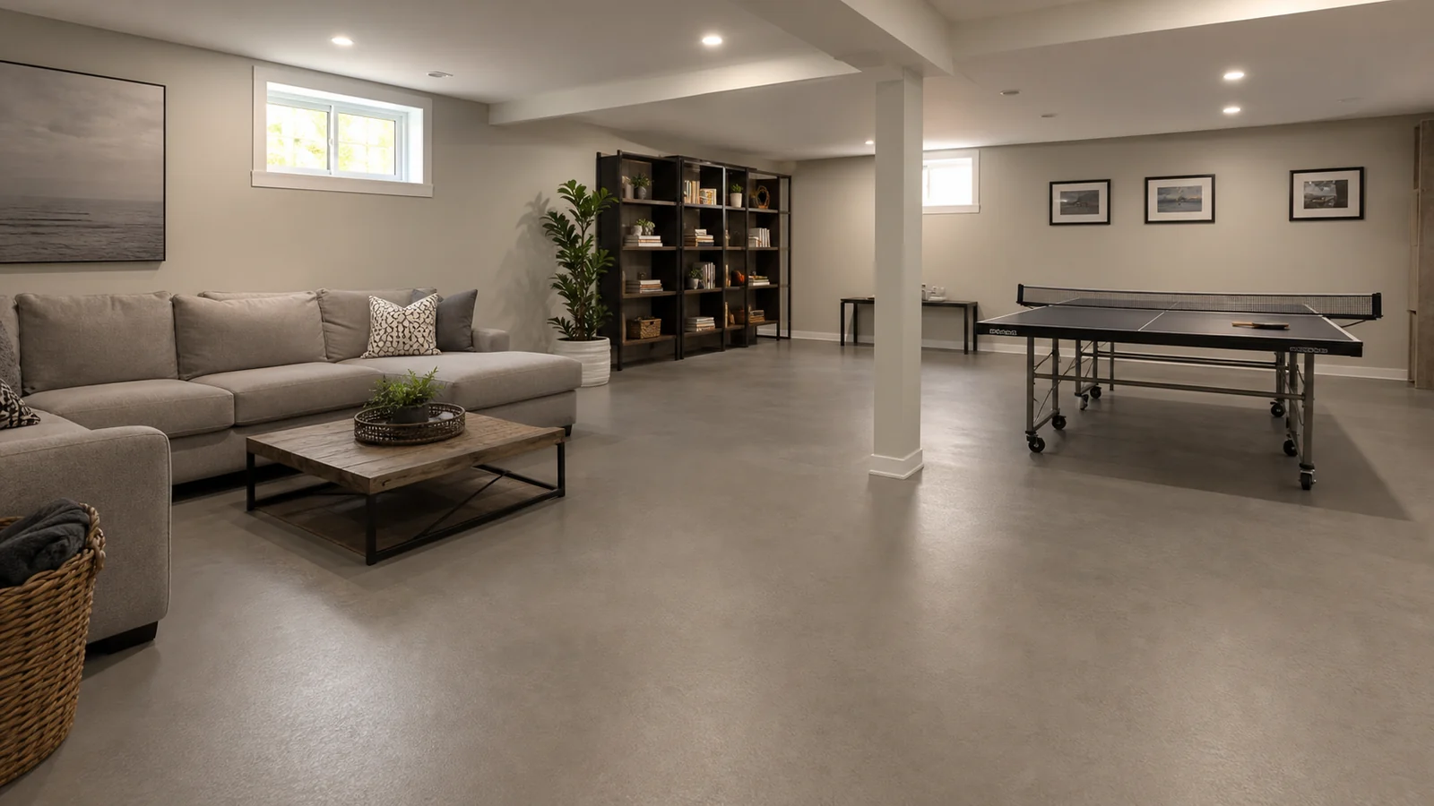 Seamless basement recreation room floor